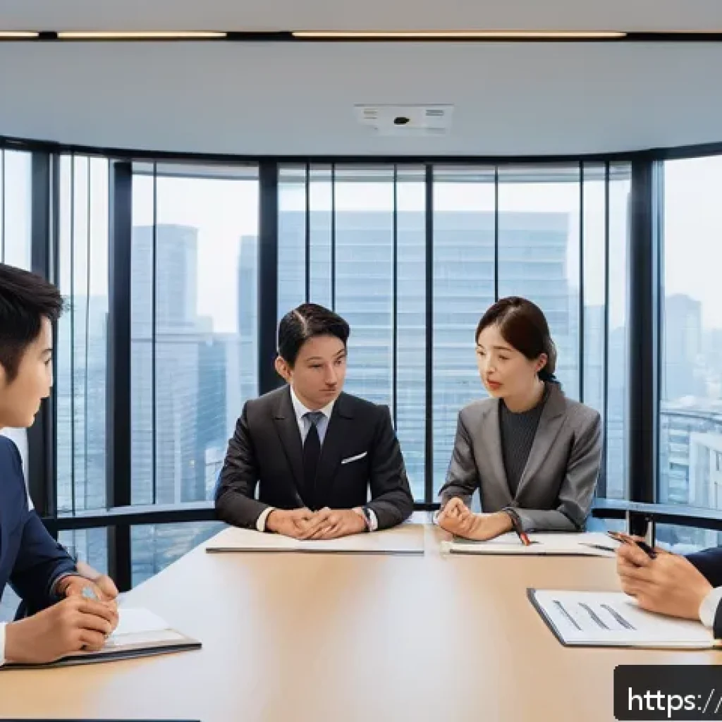 JLPT와 일본어학연수 어떤 게 더 유리한가 - A professional office setting in a modern Tokyo skyscraper, featuring a diverse group of young profe...