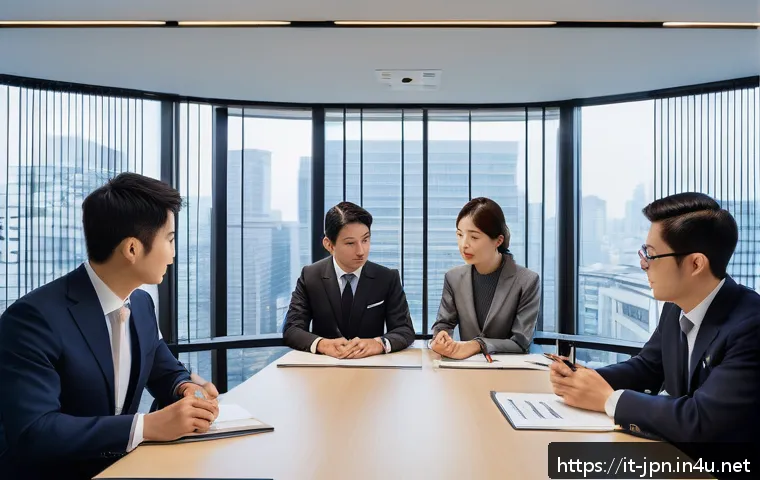 JLPT와 일본어학연수 어떤 게 더 유리한가 - A professional office setting in a modern Tokyo skyscraper, featuring a diverse group of young profe...