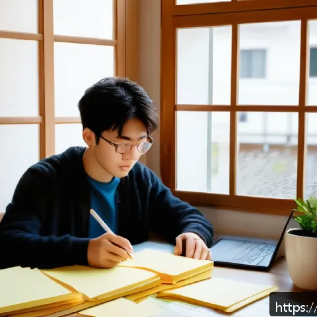 JLPT 고득점자를 위한 심화 학습 방법 - A focused study scene set in a cozy Italian home office, featuring a young adult studying Japanese f...