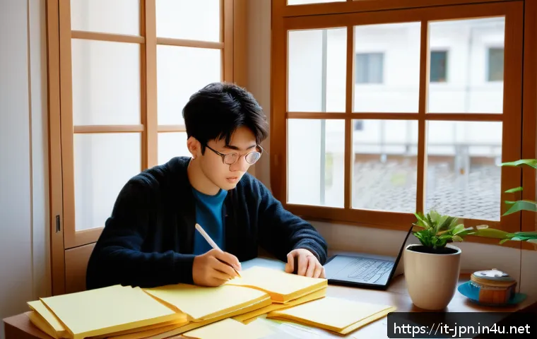 JLPT 고득점자를 위한 심화 학습 방법 - A focused study scene set in a cozy Italian home office, featuring a young adult studying Japanese f...