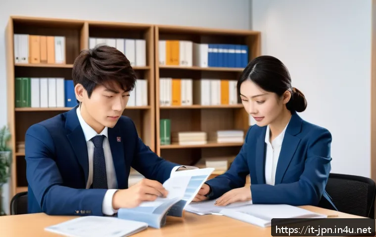 JLPT와 일본 내 자격증 시험 조합 사례 - A professional Japanese office environment with a young Italian man and woman collaborating at a des...