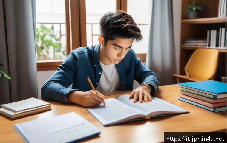 JLPT 시험 중점 과목별 시간 관리법 - A focused Italian student sitting at a modern study desk in a cozy home office, surrounded by JLPT s...