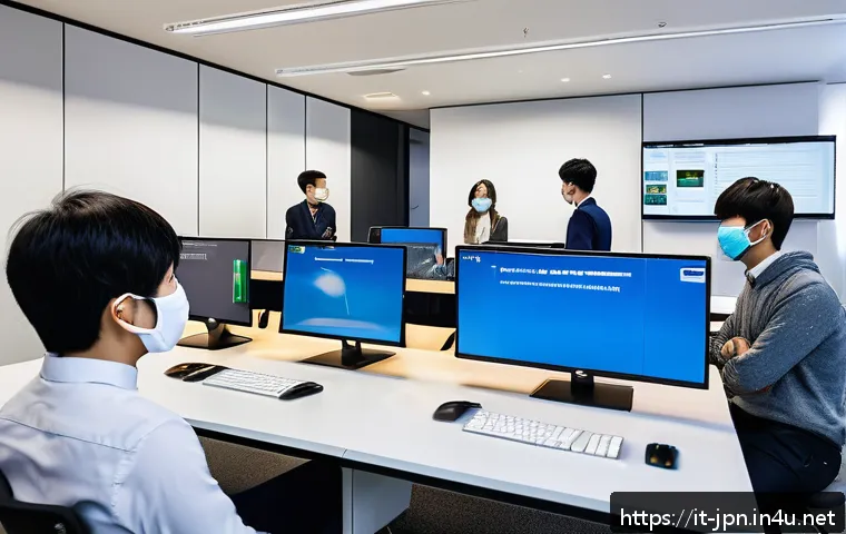 JLPT 자격증과 일본 IT 기업 취업 사례 - A professional Japanese IT office environment showing a diverse group of young software developers c...