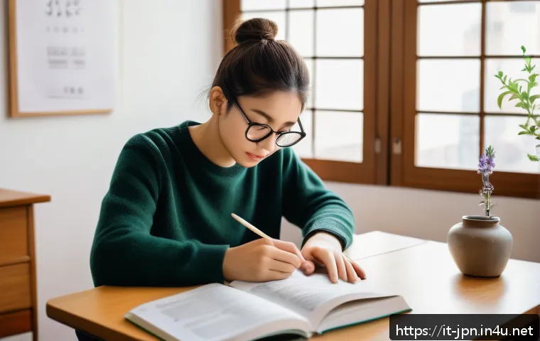 JLPT 시험 중 긴장감 관리법 - A serene study environment for an Italian student preparing for the JLPT exam: a bright, tidy room w...