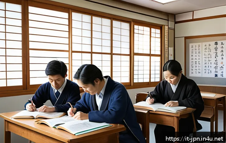 JLPT 자격증과 일본 사회학 연계 연구 - A detailed classroom scene in Italy where adult students of diverse backgrounds are attentively stud...