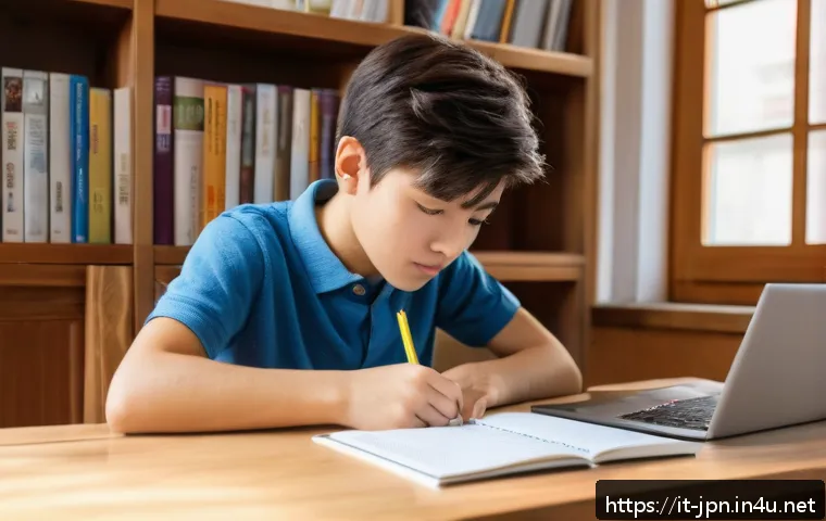 JLPT 시험 준비 과정 기록하기 - A cozy study room scene featuring a young Italian student sitting at a wooden desk near a window wit...