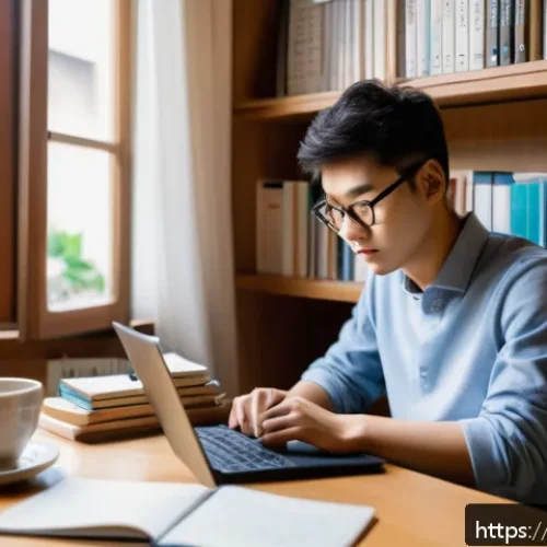 Home 17 JLPT 합격률 분석 및 통계 - A cozy, well-lit study room featuring a young adult Japanese language learner sitting at a wooden de...