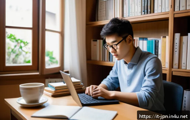 JLPT 합격률 분석 및 통계 - A cozy, well-lit study room featuring a young adult Japanese language learner sitting at a wooden de...
