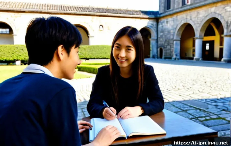 JLPT 자격증 활용 해외 교류 사례 - Photorealistic international student exchange scene in a bright university courtyard in Italy, an It...